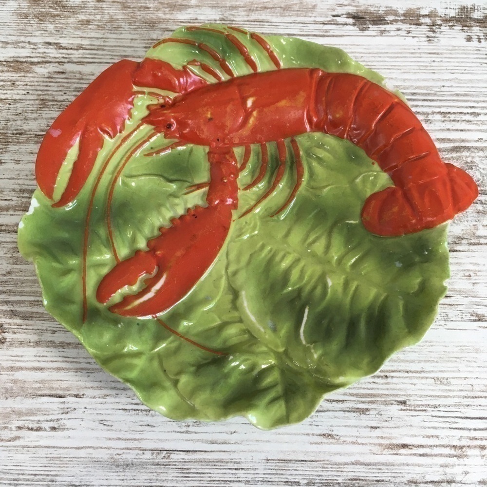 Vintage Majolica Style Lobster Green Leaf Plate 6" Dish